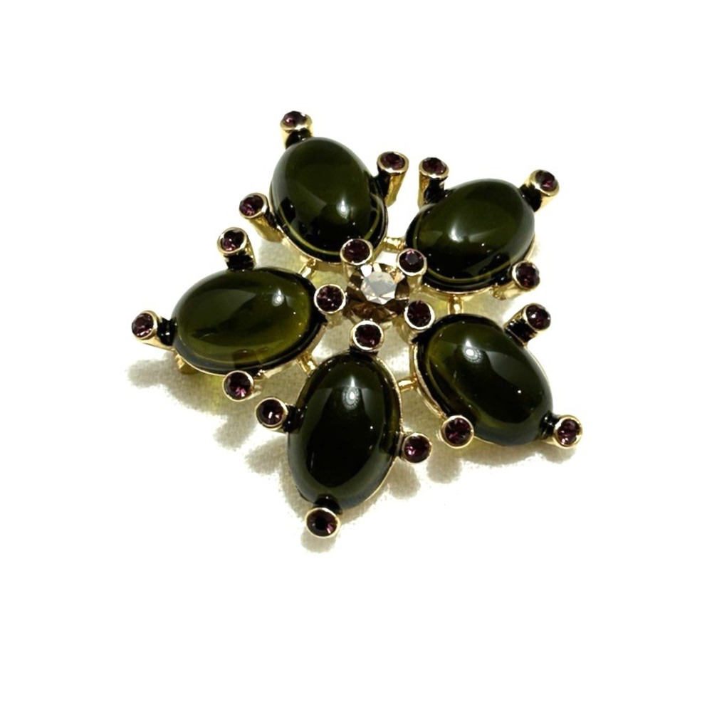 Vtg Carolee Brooch Pin Gold Tone Dark Green Cabochon Stones Purple Crystals